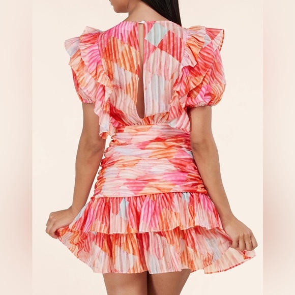 NWT L’atiste By Amy Womens M Multicolor Ruffle Mini Dress Deep V Puff Sleeve - Picture 13 of 14